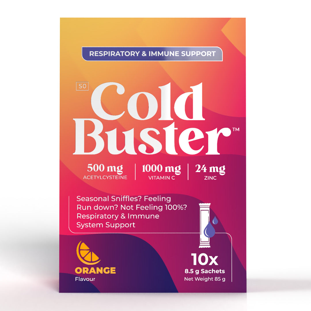 ColdBuster respiratory and immune support drink box of x10 sachets - 500mg Acetylcysteine, 1000mg Vitamin C, and 24mg Zinc in orange flavour, 10 sachets per box.