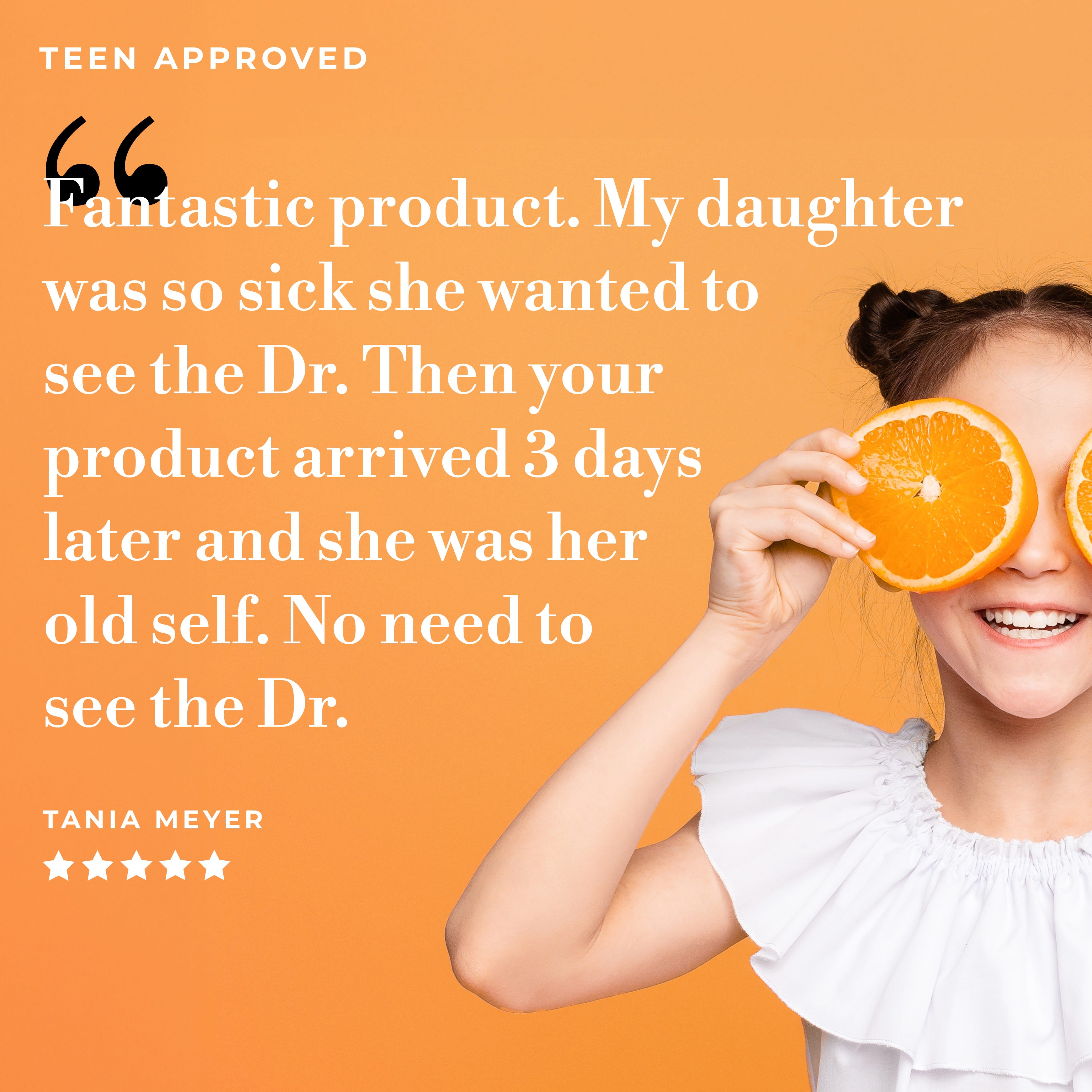 Five-star ColdBuster customer review from Tania Meyer, with a smiling teen holding an orange slice, labelled Teen Approved.