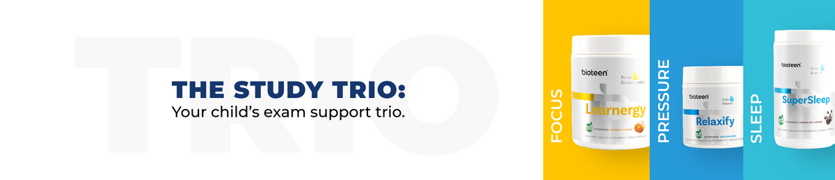 White TRIO background with headline The Study Trio: Your child's exam support trio with Bioteen Products on right hand side Learnergy for Focus, Relaxify for Pressure and SuperSleep for Sleep