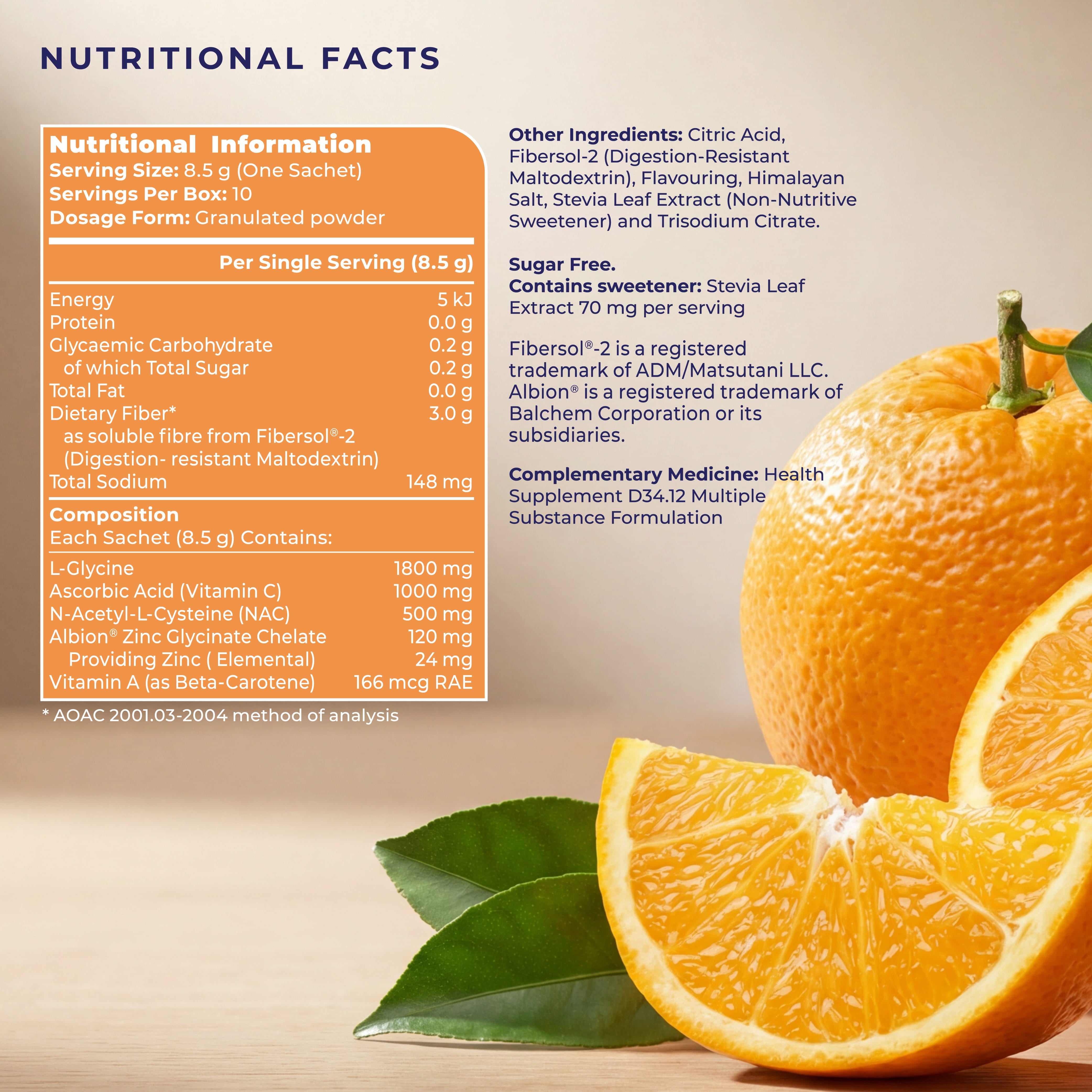 ColdBuster nutritional information panel showing 1800mg L-Glycine, 1000mg Vitamin C, 500mg NAC, and 24mg Zinc per 8.5g sachet, sugar free with Stevia Leaf Extract.