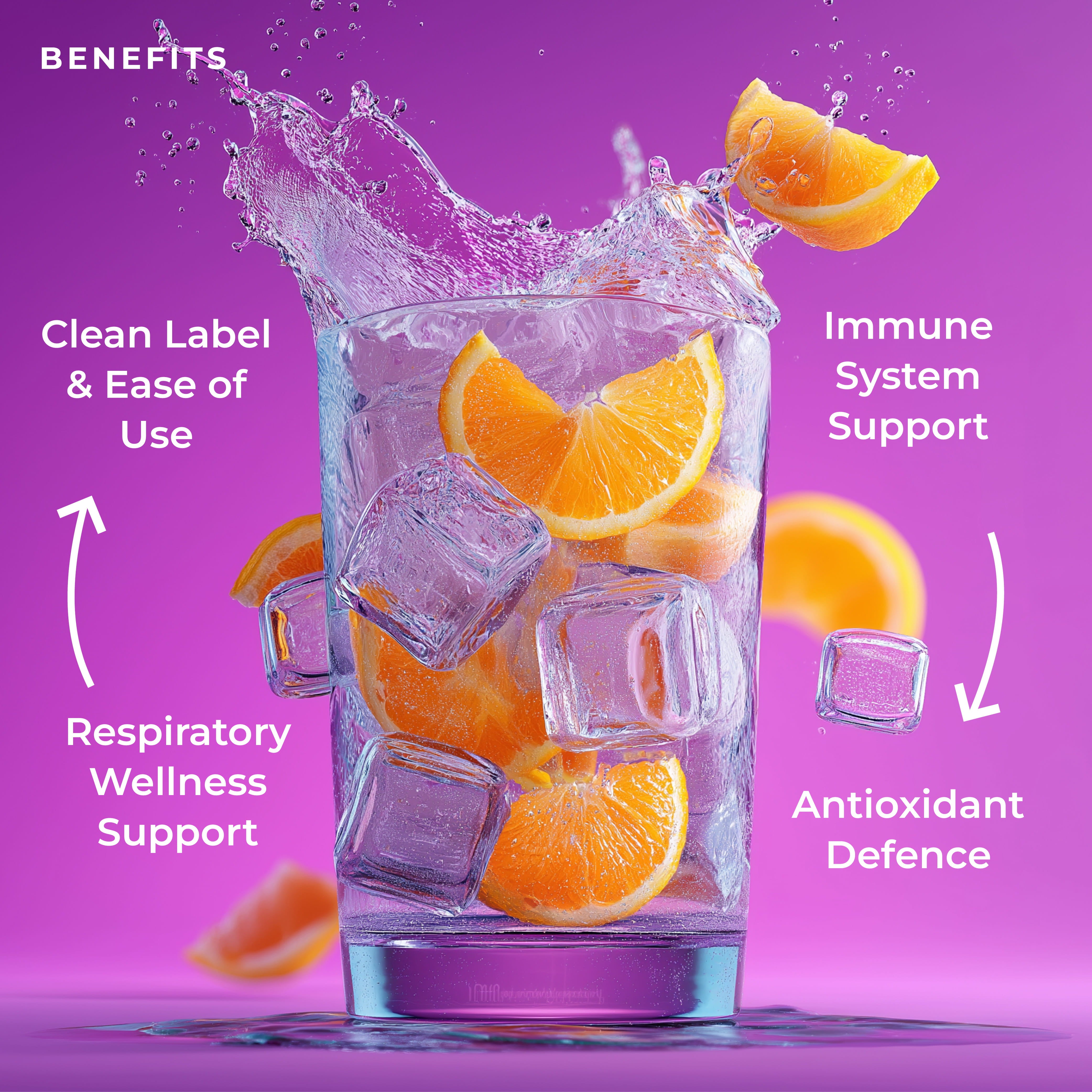 ColdBuster benefits graphic showing immune system support, respiratory wellness support, antioxidant defence, and clean label formulation, with a cold orange drink and ice cubes on a purple background.