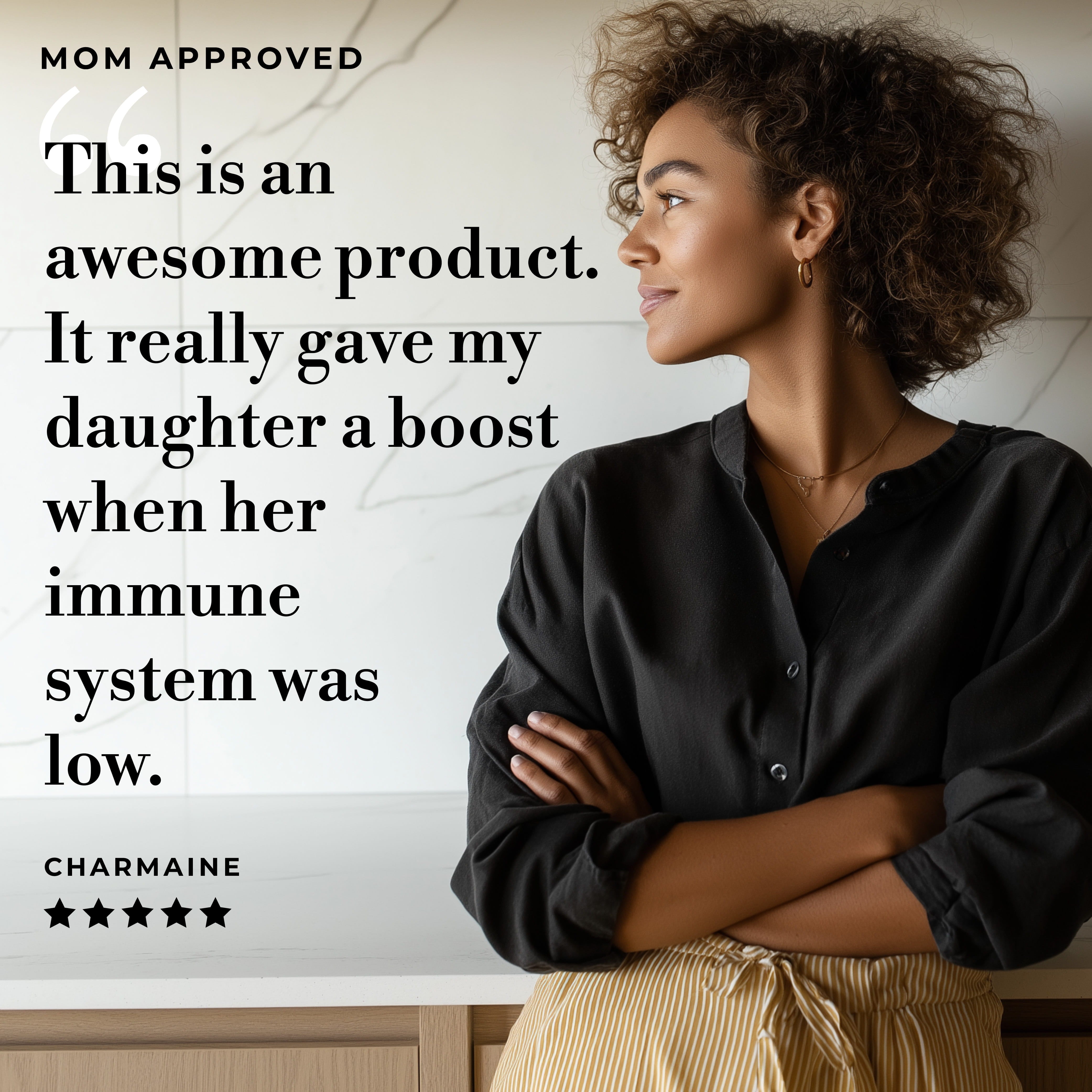 Five-star ColdBuster parent review from Charmaine, with a confident mother pictured alongside, labelled Mom Approved.