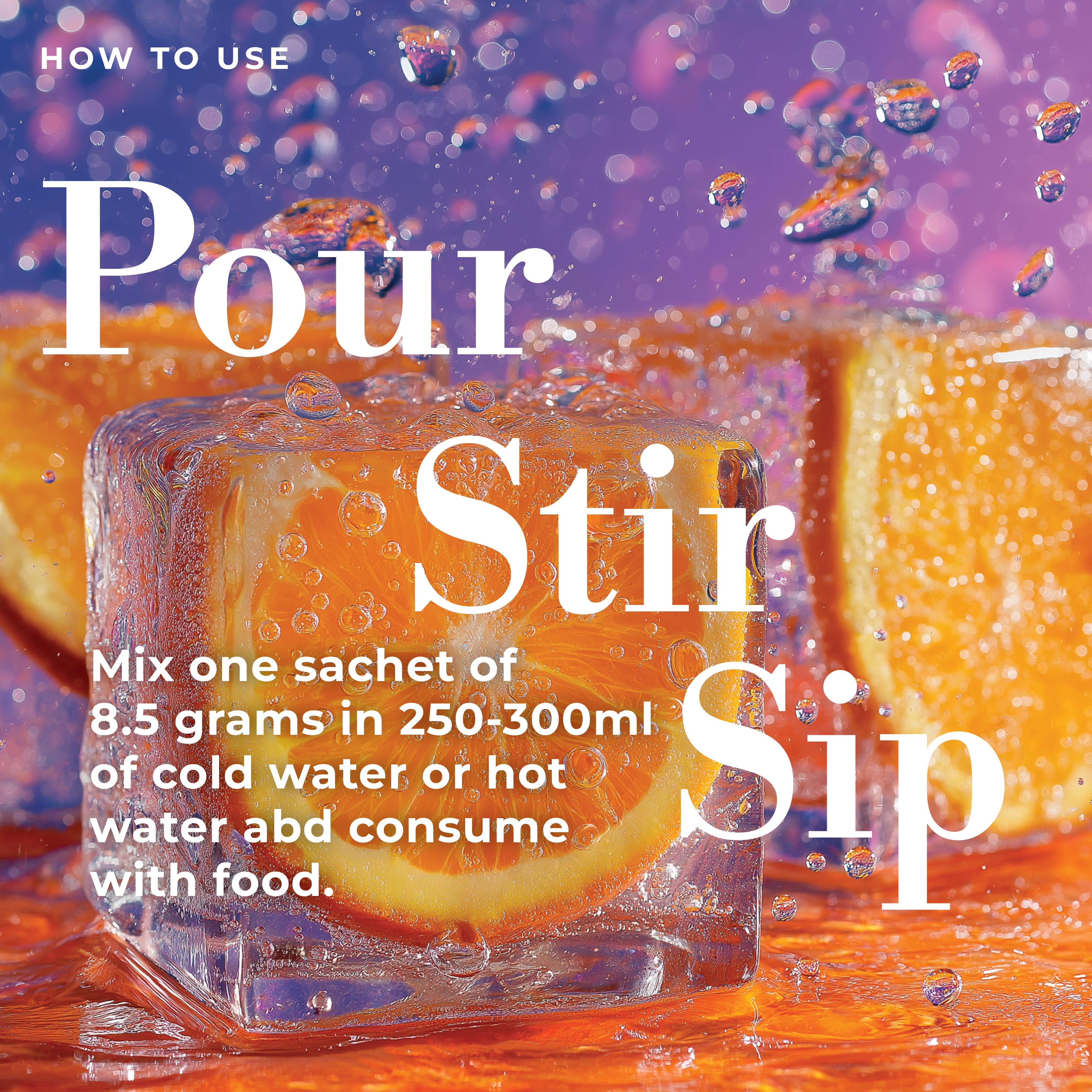 ColdBuster usage instructions showing how to mix one 8.5g sachet in 250 to 300ml of cold or hot water and consume with food, styled with ice cubes and orange slices.