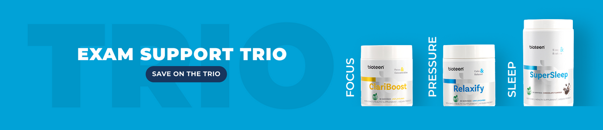 Blue Desktop Bioteen Banner with "Exam Support Trio" copy on left hand side with a button saying "Save on the Trio" - On the right are prodcuts labeled Focus: ClariBoost, Pressure: Relaxify and Sleep: SuperSleep