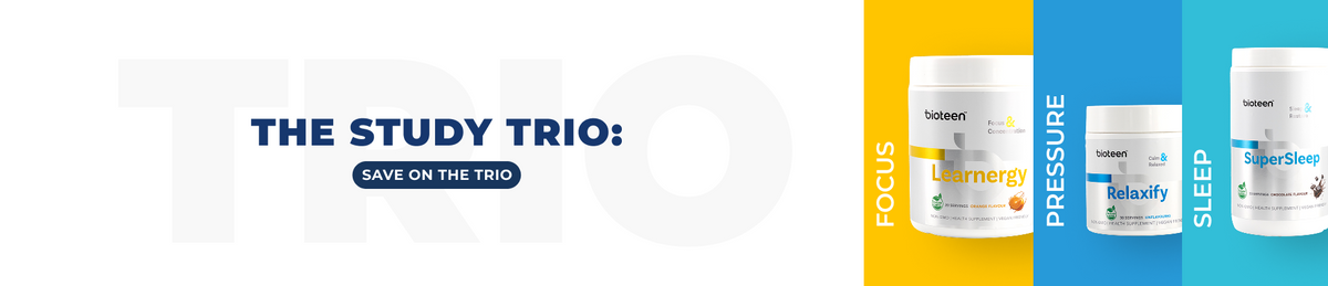 White TRIO background with headline The Study Trio: Your child's exam support trio with Bioteen Products on right hand side Learnergy for Focus, Relaxify for Pressure and SuperSleep for Sleep