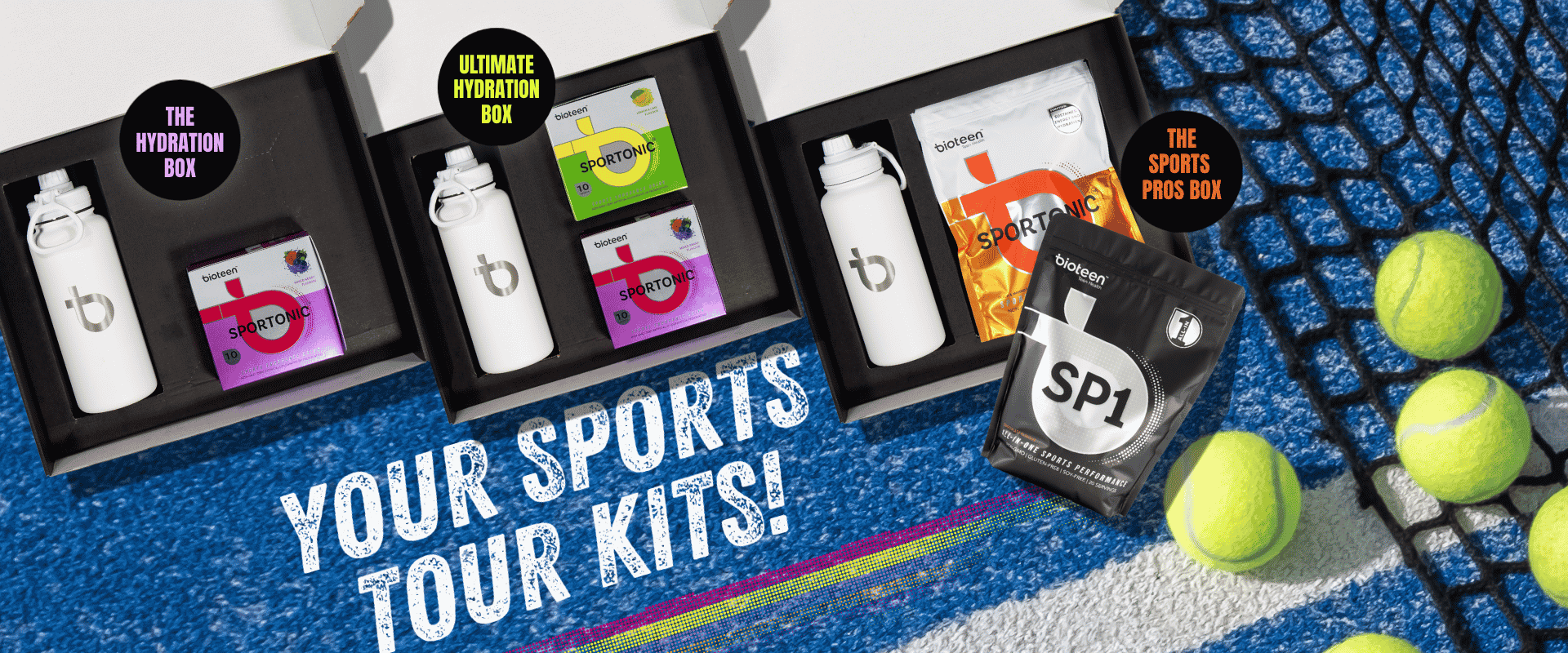 Three open gift boxes - the Hydration Box, Ultimate Hydration Box, and Sports Pros Box - each containing a white water bottle paired with Sportonic and SP1 products, arranged on a blue tennis court with a tennis ball nearby. Desktop
